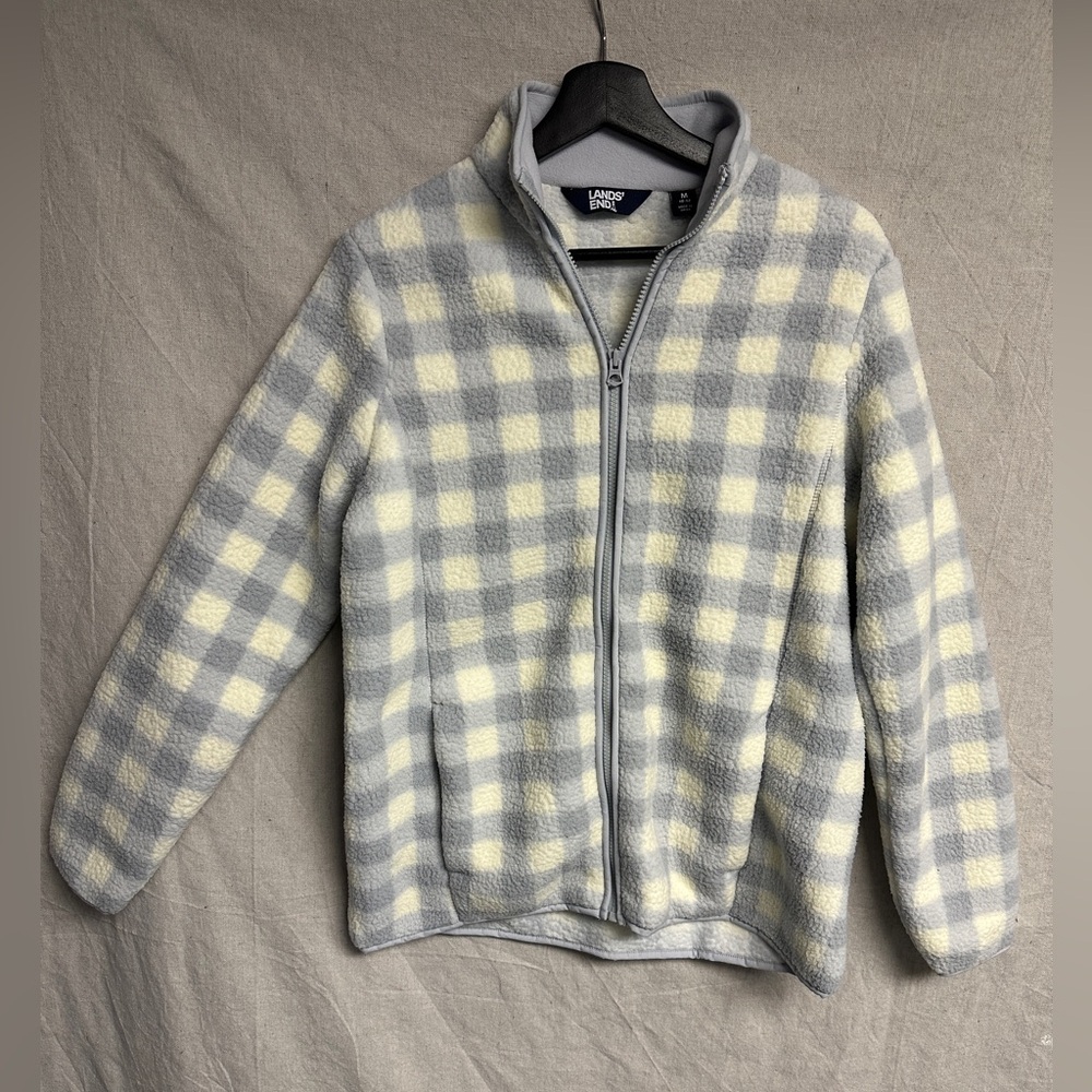 Lands End full zip fleece jacket women’s medium light blue and white check EUC
